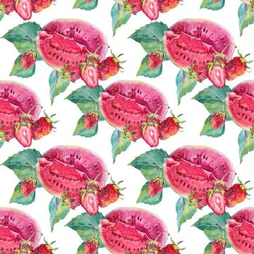 Seamless pattern summer watercolor slice watermelon and strawberry with green Stock Illustration