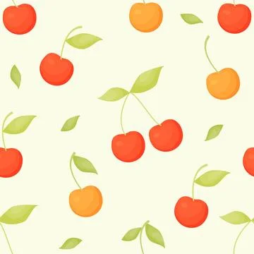 Seamless pattern with summer yellow sweet cherry and cherry on light green Stock Illustration
