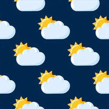 Seamless pattern with sun and cloud weather icon on a dark blue background in Illustrazione stock