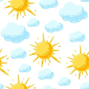 Seamless pattern with sun and clouds. Cartoon image of overcast sky. 库存插图