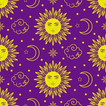 Seamless pattern with sun and crescent on purple background. Vector Stock Illustration