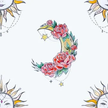 Seamless pattern of sun and moon in flowers on a white background. Stock Illustration