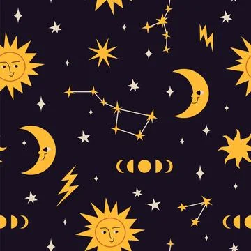 Seamless pattern with Sun and moon, constellations, phases of the moon, car.. Stock Illustration