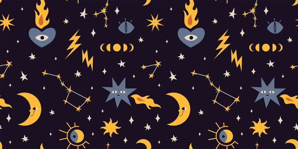 Seamless pattern with Sun and moon, constellations, phases of the moon, car.. Stock Illustration