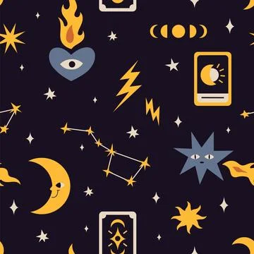 Seamless pattern with Sun and moon, tarot cards, phases of the moon, cartoo.. Illustrazione stock