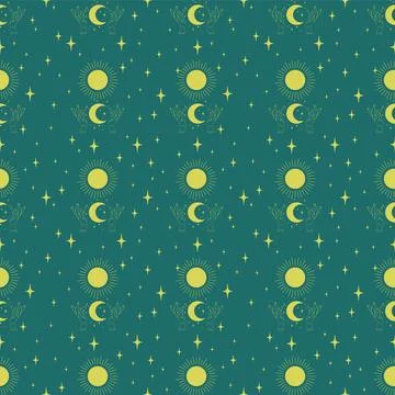 Seamless pattern of sun and moon in hands. Astrology and sacred art on green Stock Illustration