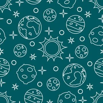 Seamless pattern with sun, planets, stars. Space 스톡 일러스트