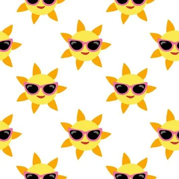 Seamless Pattern Sun with sunglasses and smile. Cartoon summer background. Stock Illustration