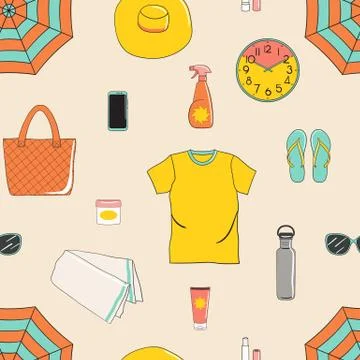 Seamless pattern of sunbathing beach essentials. Skin protection Stock Illustration