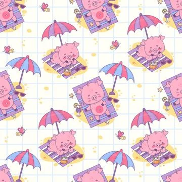 Seamless pattern with sunbathing pigs under sun umbrella beach holiday on w.. Stock Illustration
