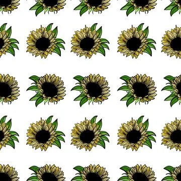 Seamless pattern sunflower flower line art. Black, white and yellow illustration Stock Illustration