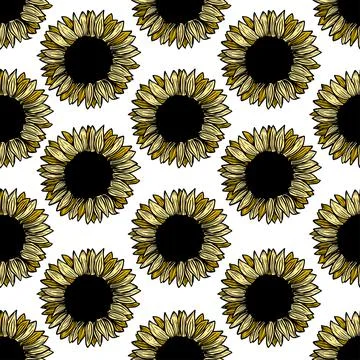 Seamless pattern sunflower flower line art. Black, white and yellow illustration Stock Illustration