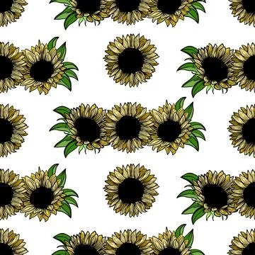 Seamless pattern sunflower flower line art. Black, white and yellow illustration Stock Illustration