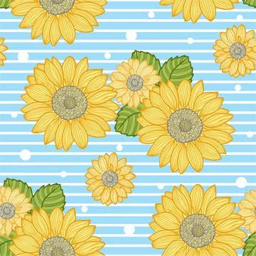 Seamless pattern of sunflower flowers and leaves. Vector Stock Illustration