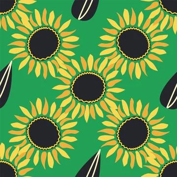 Seamless pattern with sunflower, green leaves and black seeds Stock Illustration