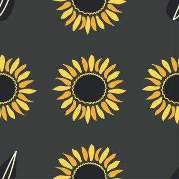 Seamless pattern with sunflower, green leaves and black seeds Illustrazione stock
