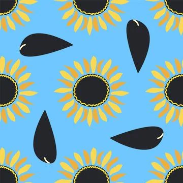 Seamless pattern with sunflower, green leaves and black seeds Illustrazione stock