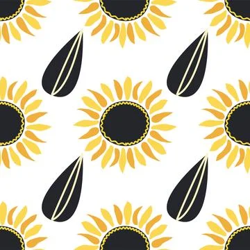 Seamless pattern with sunflower, green leaves and black seeds Illustrazione stock