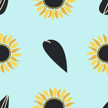 Seamless pattern with sunflower, green leaves and black seeds Stock Illustration