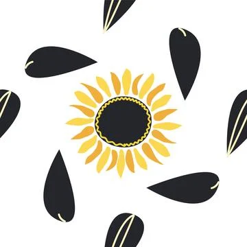 Seamless pattern with sunflower, green leaves and black seeds Illustrazione stock