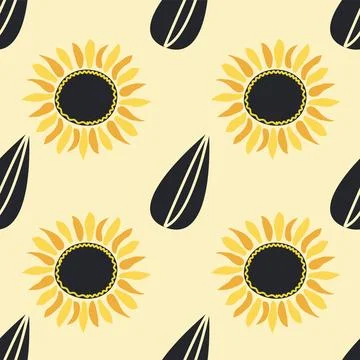 Seamless pattern with sunflower, green leaves and black seeds Illustrazione stock
