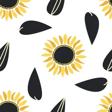 Seamless pattern with sunflower, green leaves and black seeds Stock Illustration