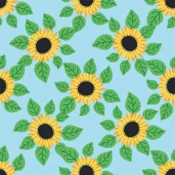 Seamless pattern with sunflower, green leaves and black seeds Illustrazione stock