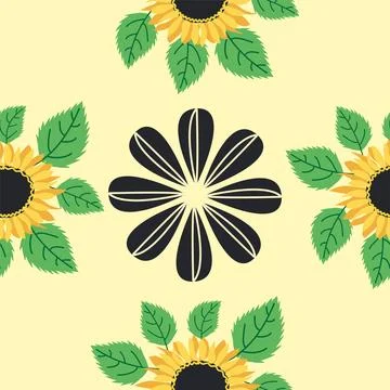 Seamless pattern with sunflower, green leaves and black seeds Illustrazione stock