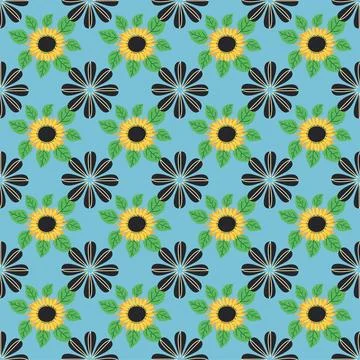 Seamless pattern with sunflower, green leaves and black seeds Illustrazione stock