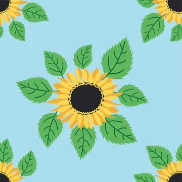 Seamless pattern with sunflower, green leaves and black seeds Stock Illustration