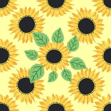 Seamless pattern with sunflower, green leaves and black seeds Illustrazione stock