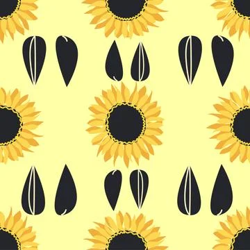 Seamless pattern with sunflower, green leaves and black seeds Stock Illustration