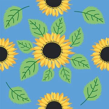Seamless pattern with sunflower, green leaves and black seeds Stock Illustration