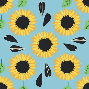 Seamless pattern with sunflower, green leaves and black seeds Stock Illustration