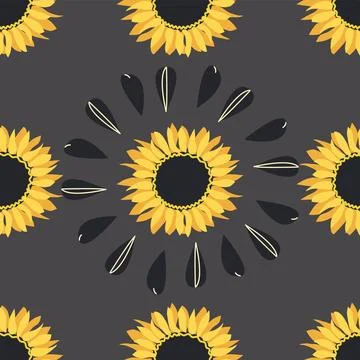 Seamless pattern with sunflower, green leaves and black seeds Stock Illustration