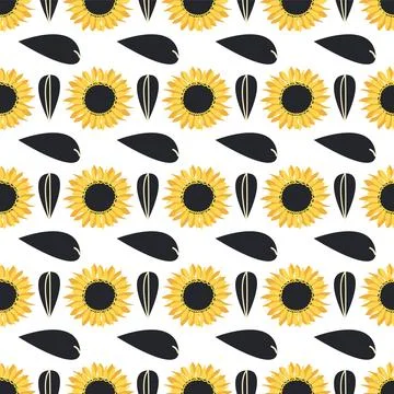 Seamless pattern with sunflower, green leaves and black seeds Stock Illustration