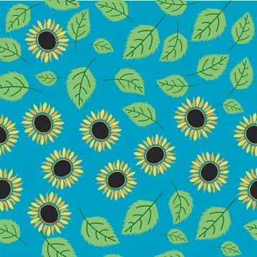 Seamless pattern with sunflower, green leaves and black seeds Illustrazione stock