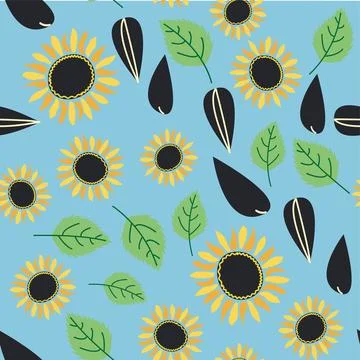 Seamless pattern with sunflower, green leaves and black seeds Illustrazione stock