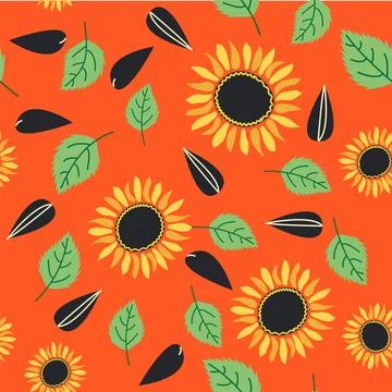 Seamless pattern with sunflower, green leaves and black seeds Stock Illustration