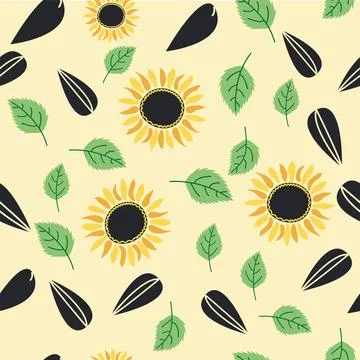 Seamless pattern with sunflower, green leaves and black seeds Stock Illustration