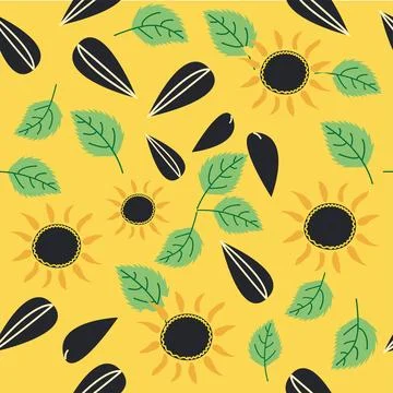 Seamless pattern with sunflower, green leaves and black seeds Illustrazione stock