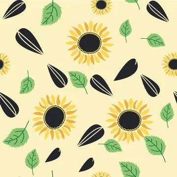 Seamless pattern with sunflower, green leaves and black seeds Illustrazione stock