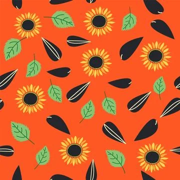 Seamless pattern with sunflower, green leaves and black seeds Stock Illustration
