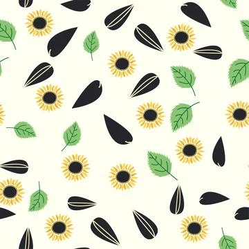 Seamless pattern with sunflower, green leaves and black seeds Illustrazione stock