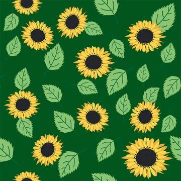 Seamless pattern with sunflower, green leaves and black seeds Stock Illustration