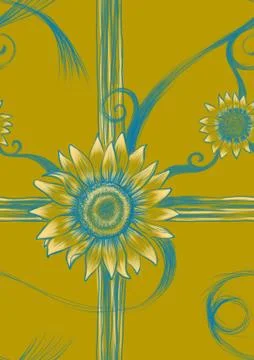 Seamless pattern with sunflowers and blue colored stylized motif on canary ye Stockillustratie