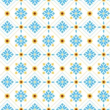 Seamless pattern with sunflowers and embroidered elements in national blue and 스톡 일러스트