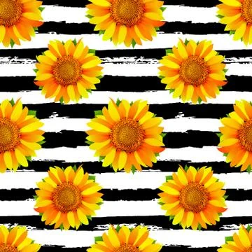 Seamless pattern with sunflowers on black and white stripes background vector Illustrazione stock