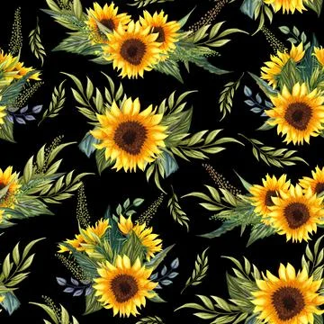 Seamless pattern with sunflowers on black background. Collection decorative f 스톡 일러스트