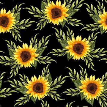 Seamless pattern with sunflowers on black background. Collection decorative f 스톡 일러스트